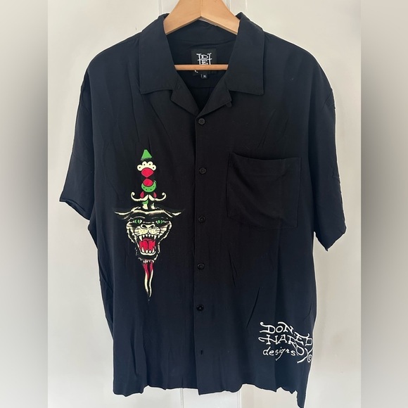 Ed Hardy Love Kills Slowly Woven Black Short Sleeve Button Up Camp Shirt XL - Picture 4 of 15